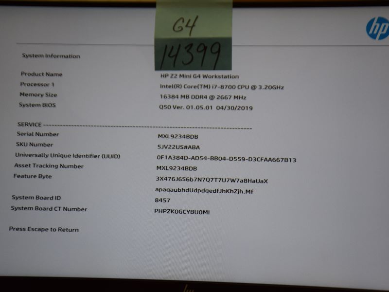  HP Z2 Mini G3 Workstation S/N: MXL9234BDB